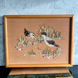 Vintage Framed Sandpiper and Floral Crewel Embroidery Art "Birds on Seashore"